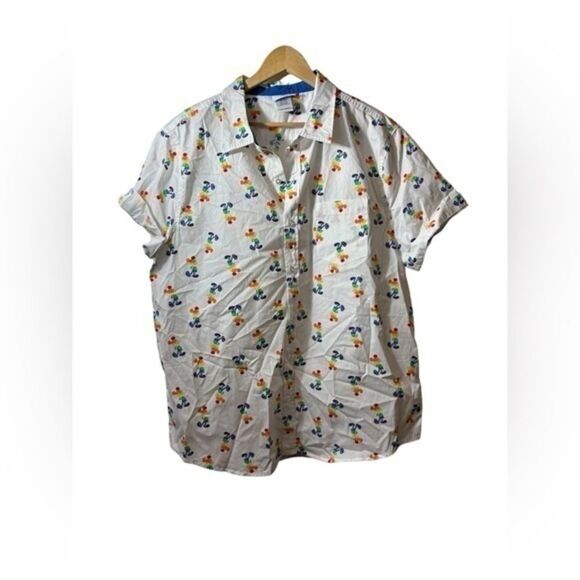 Disney Other - Disney Rainbow Mickey Mouse Button Up Shirt Mens Large White Pride Short Sleeve
